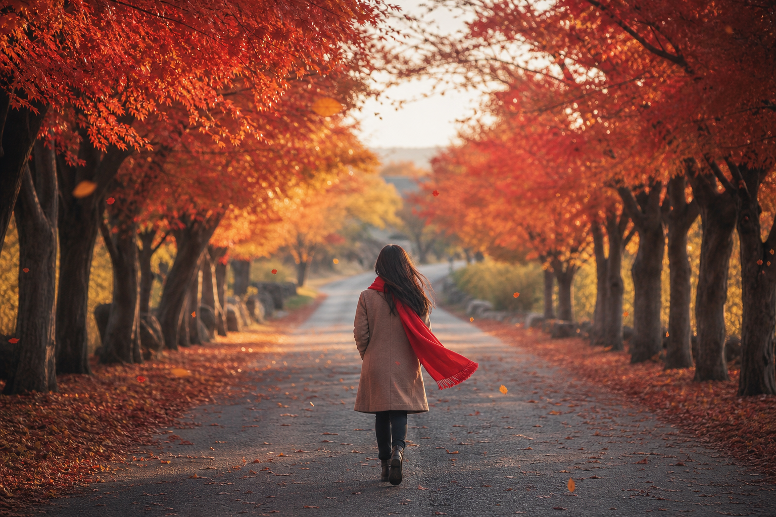 A girl with a red scarf walking on an autumn road with red maple trees and falling leaves